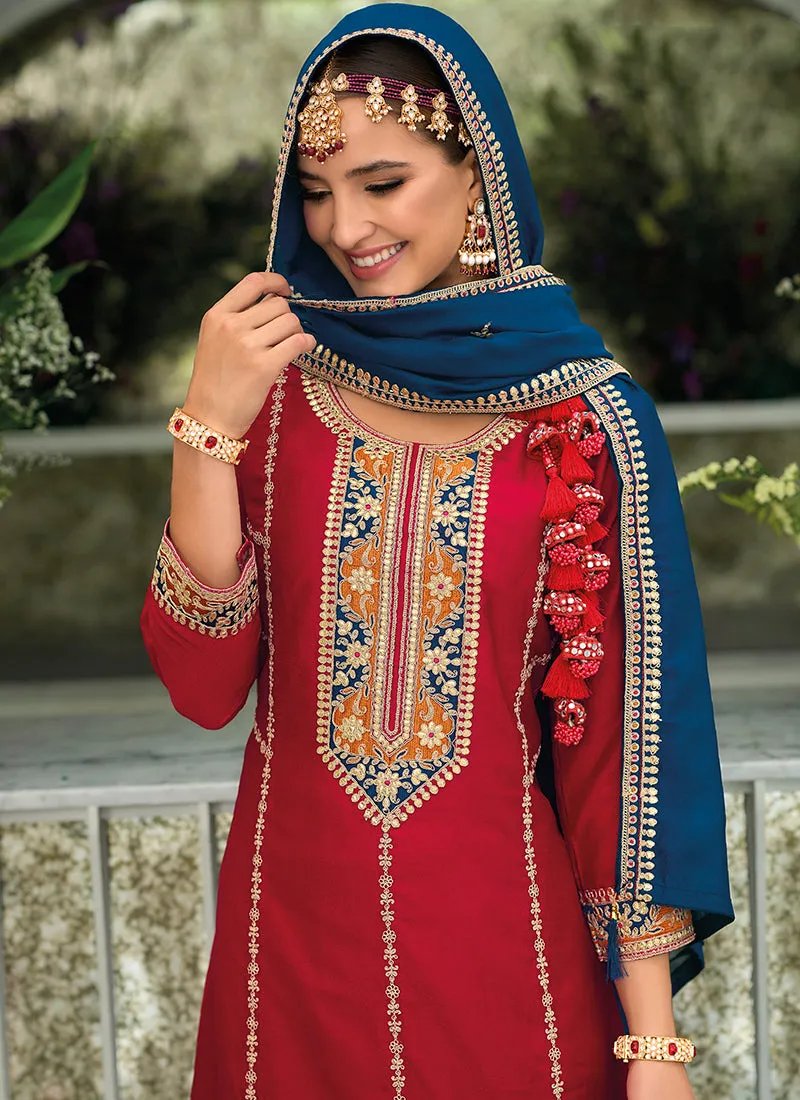 Red And Blue Embroidery Traditional Salwar Kameez