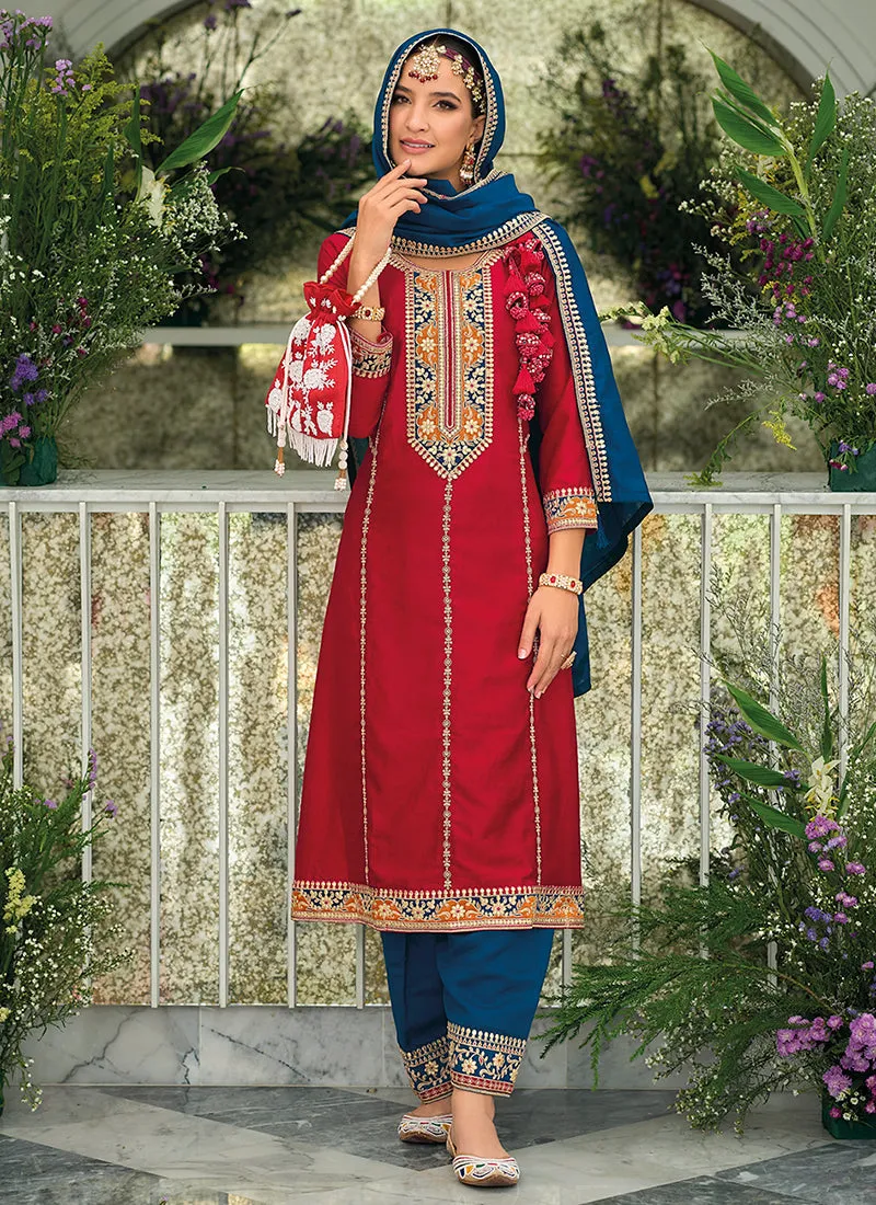 Red And Blue Embroidery Traditional Salwar Kameez