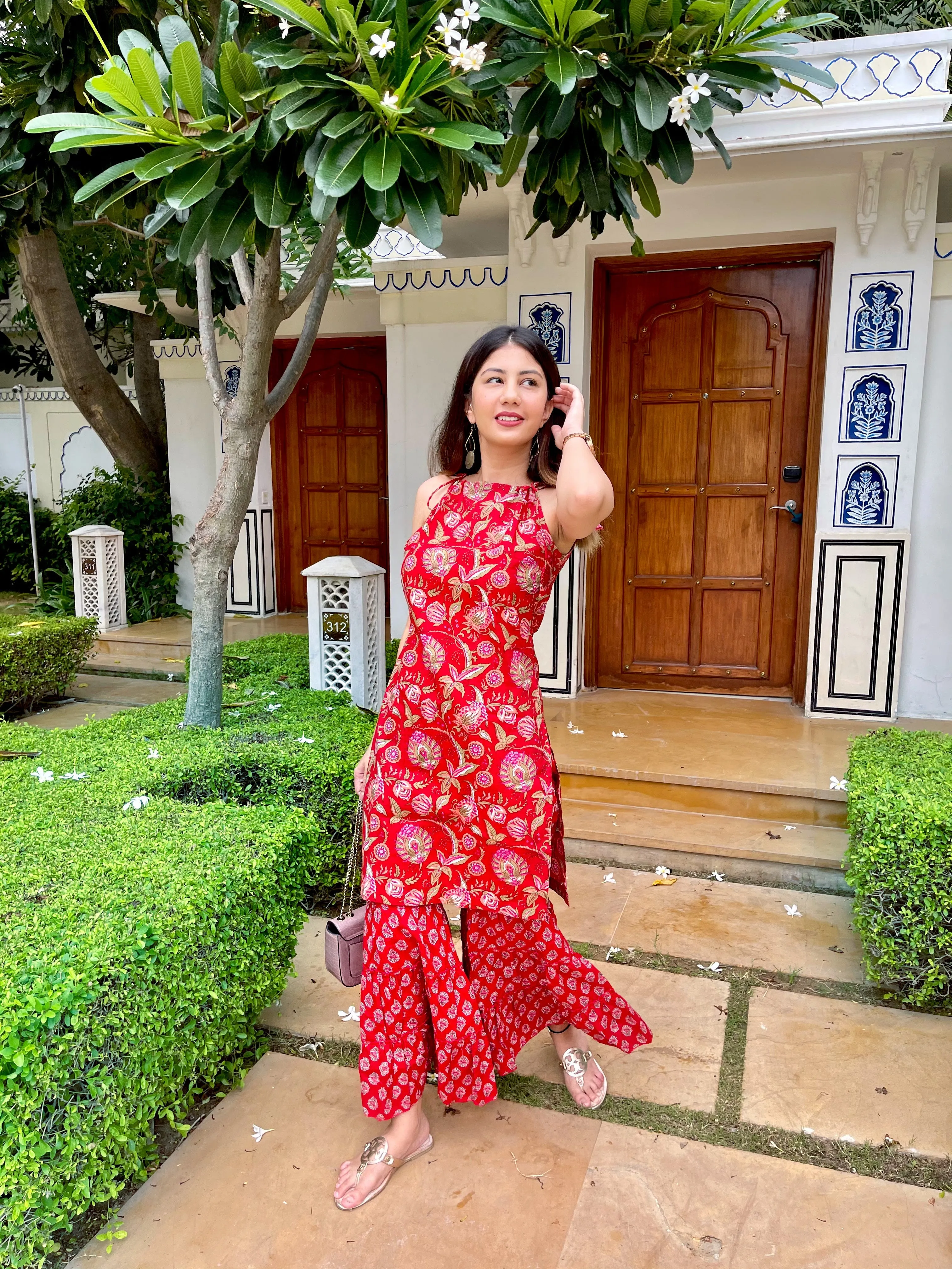 Red Block Print Kurta Sharara Set