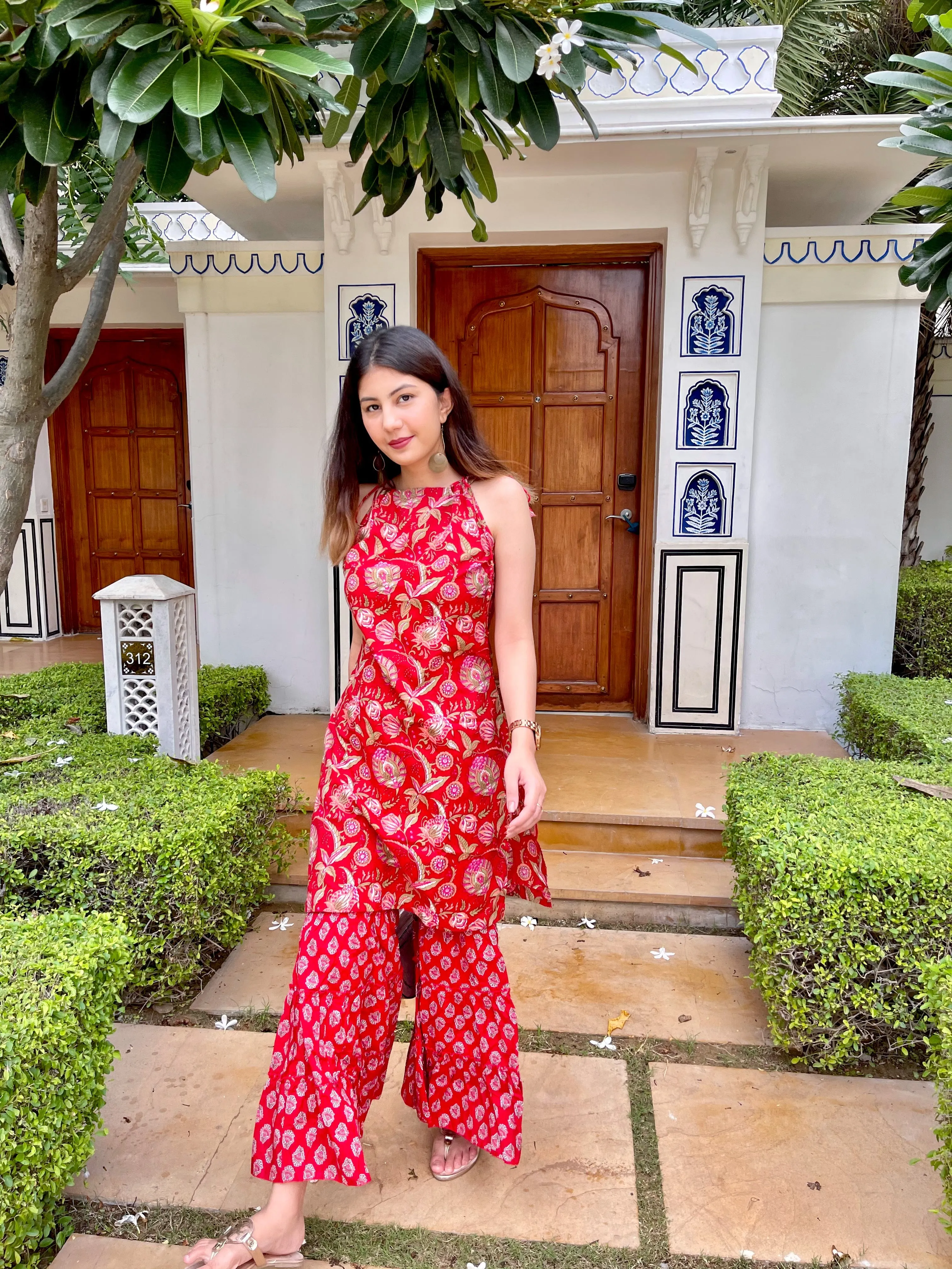 Red Block Print Kurta Sharara Set