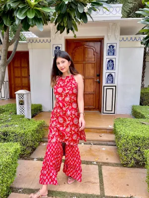 Red Block Print Kurta Sharara Set