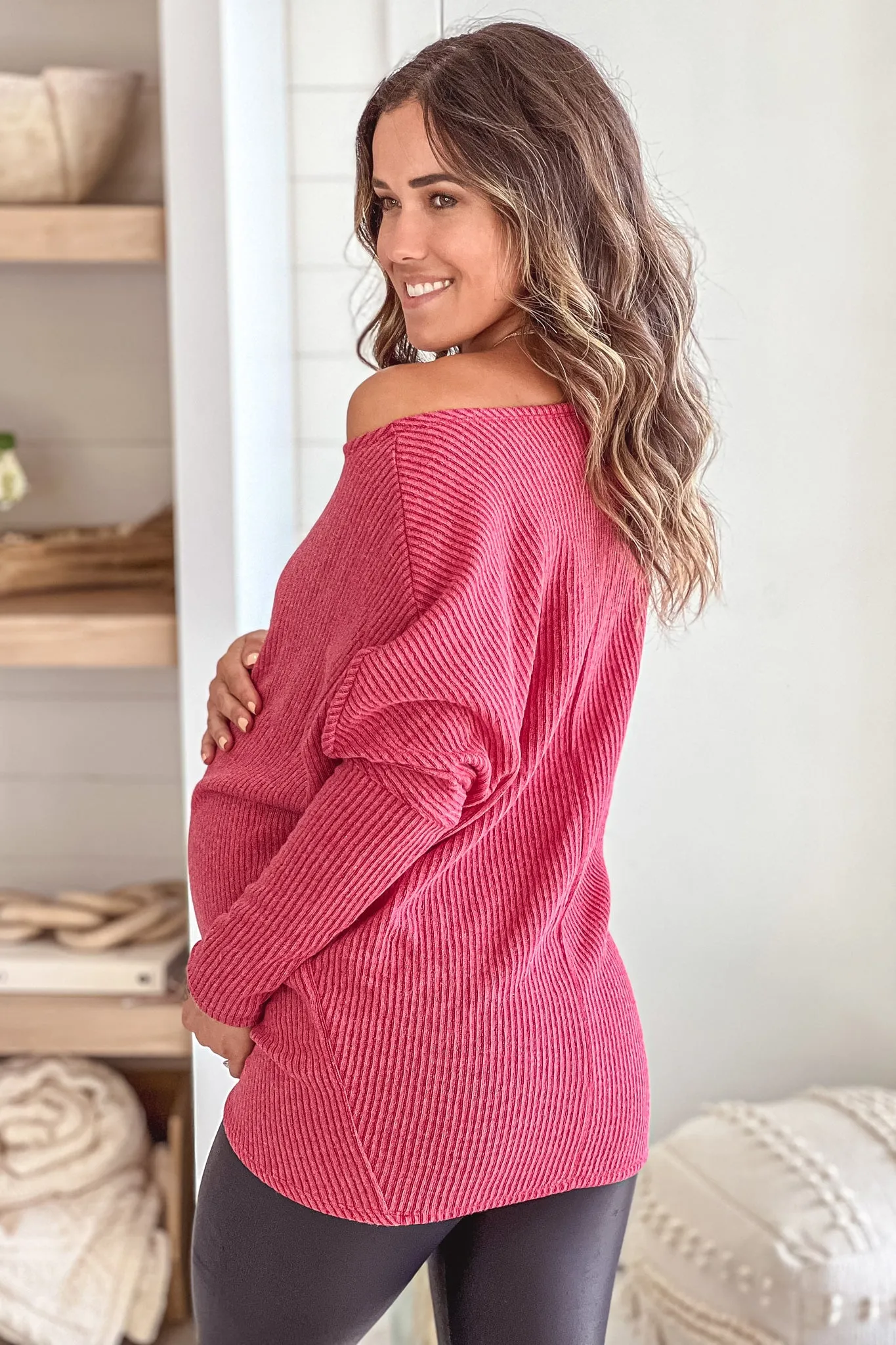 Red Knit Boat Neck Dropped Shoulder Long Sleeve Maternity Top