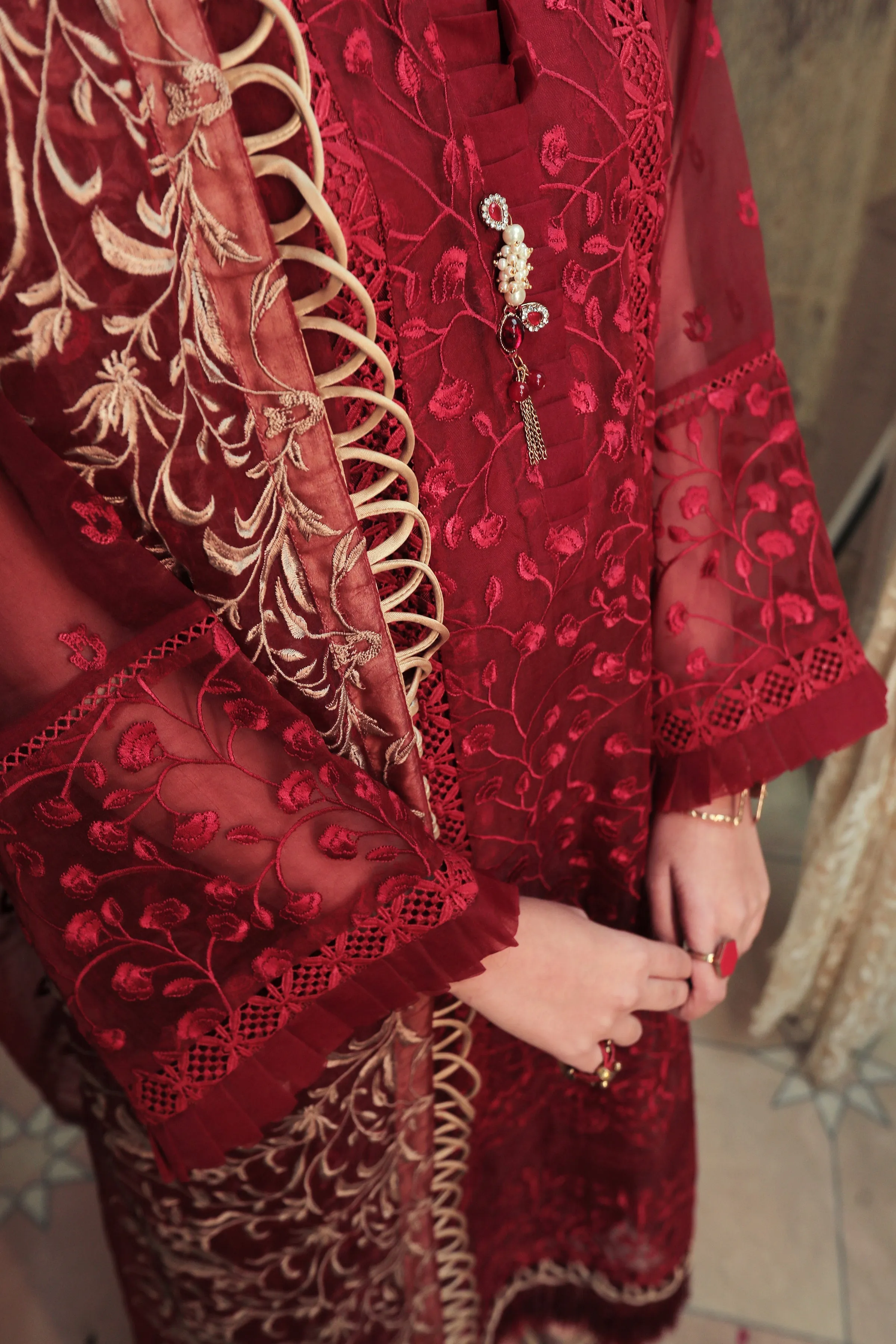 Red Pakistani Dress with Elegant Embroidery #PF359