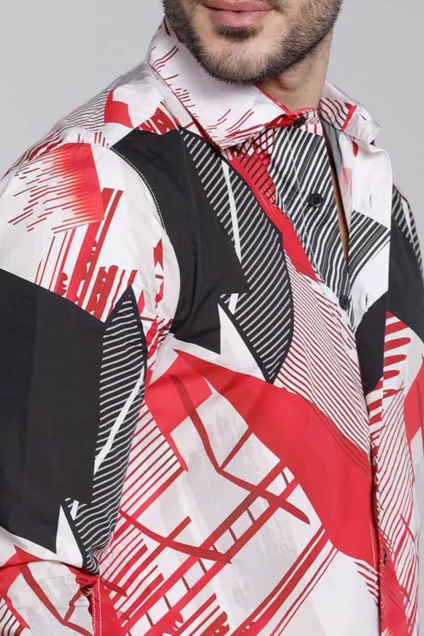 Red White Full Sleeves Printed Shirt