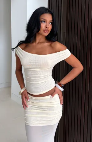 Contoured Waist Bold Statement Need Your Heart Off Shoulder Top Cream