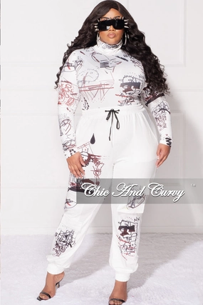 Final Sale Plus Size 2pc Set in White with Black Graphic Print Flattering Design Wear