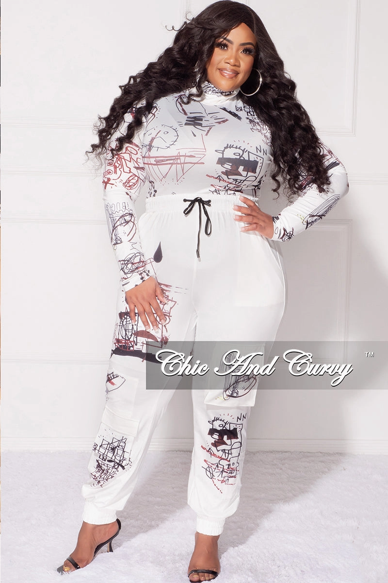 Soft Fabric Casual Fit Final Sale Plus Size 2pc Set in White with Black Graphic Print
