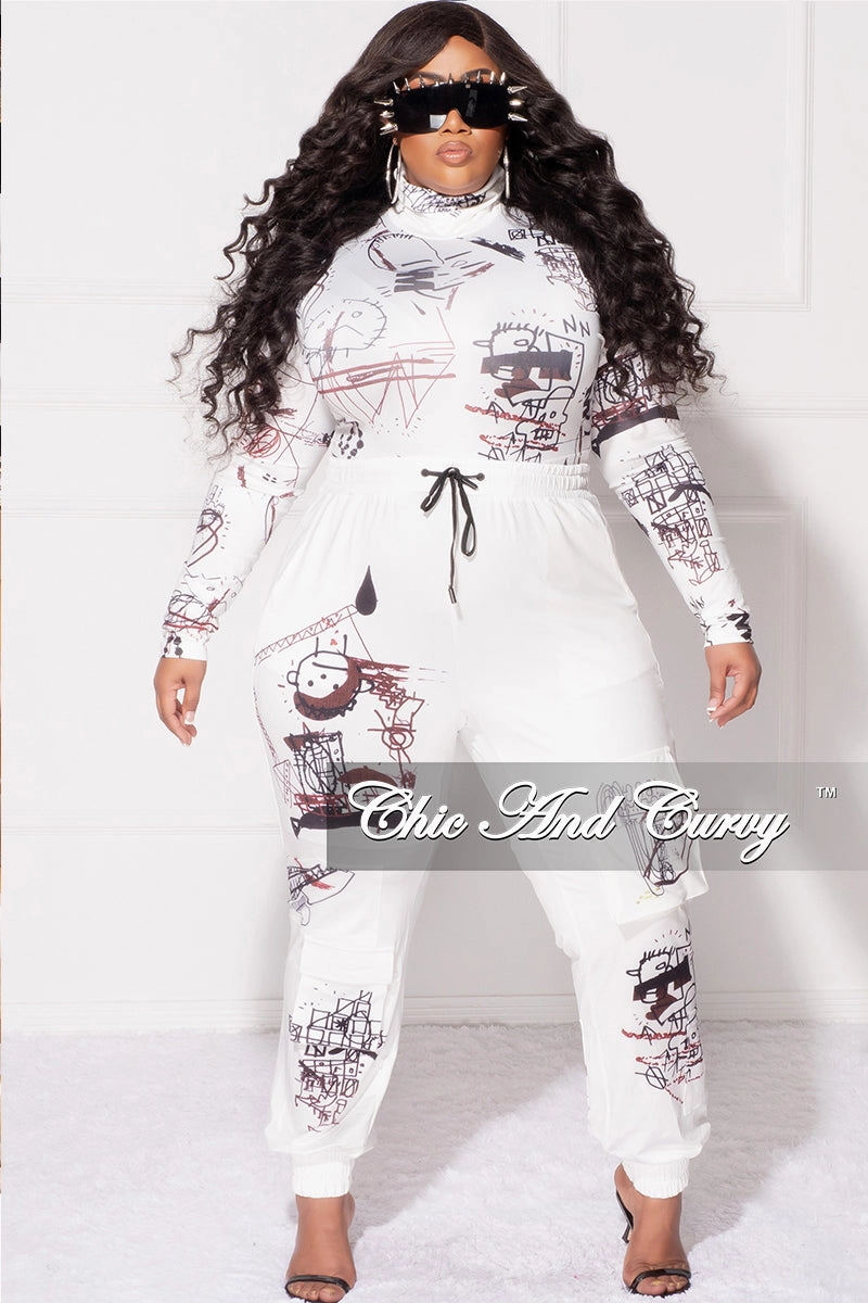 Final Sale Plus Size 2pc Set in White with Black Graphic Print Sport Ready Stable Shape