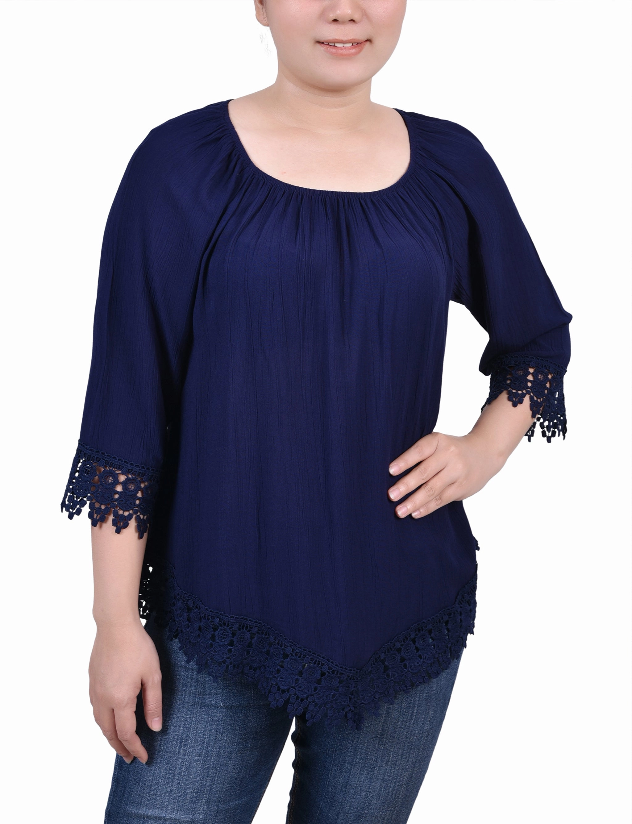 Petite 3/4 Sleeve Peasant Blouse Lightweight Layering Option