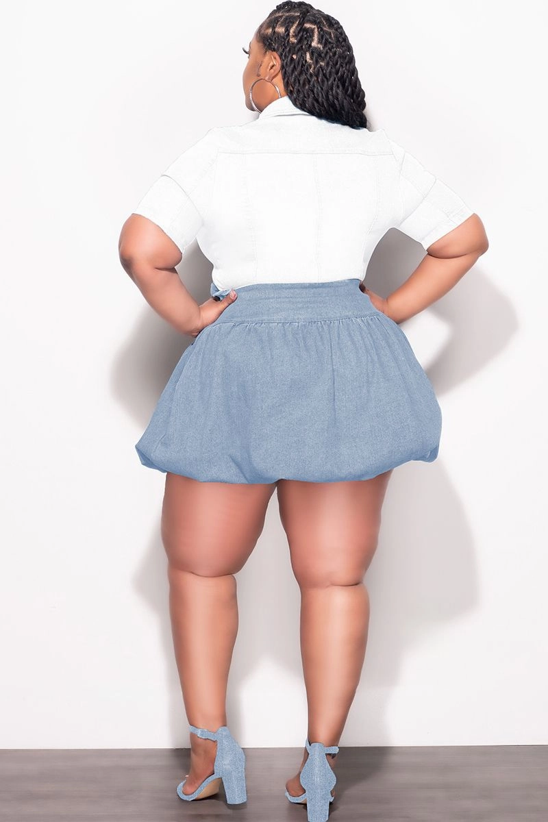 Perfect Fit Wear Final Sale Plus Size Bubble Mini Skirt in Light Blue Acid Denim