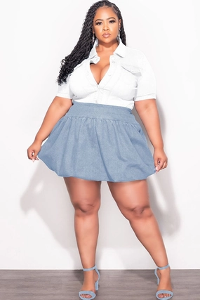 Final Sale Plus Size Bubble Mini Skirt in Light Blue Acid Denim Sweat Wicking Liner