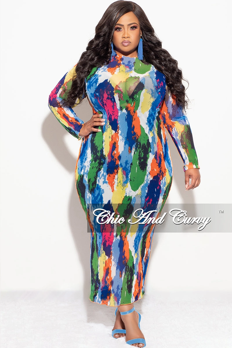 Final Sale Plus Size Reversible BodyCon Dress In Mesh with Multi-Color Paint Print LightweightInsulation Soft and Light
