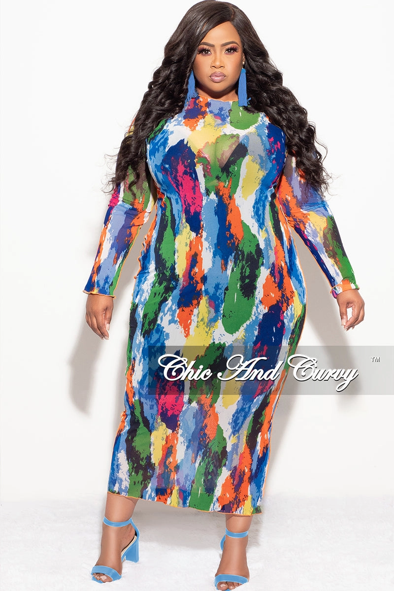 Final Sale Plus Size Reversible BodyCon Dress In Mesh with Multi-Color Paint Print Premium Quality
