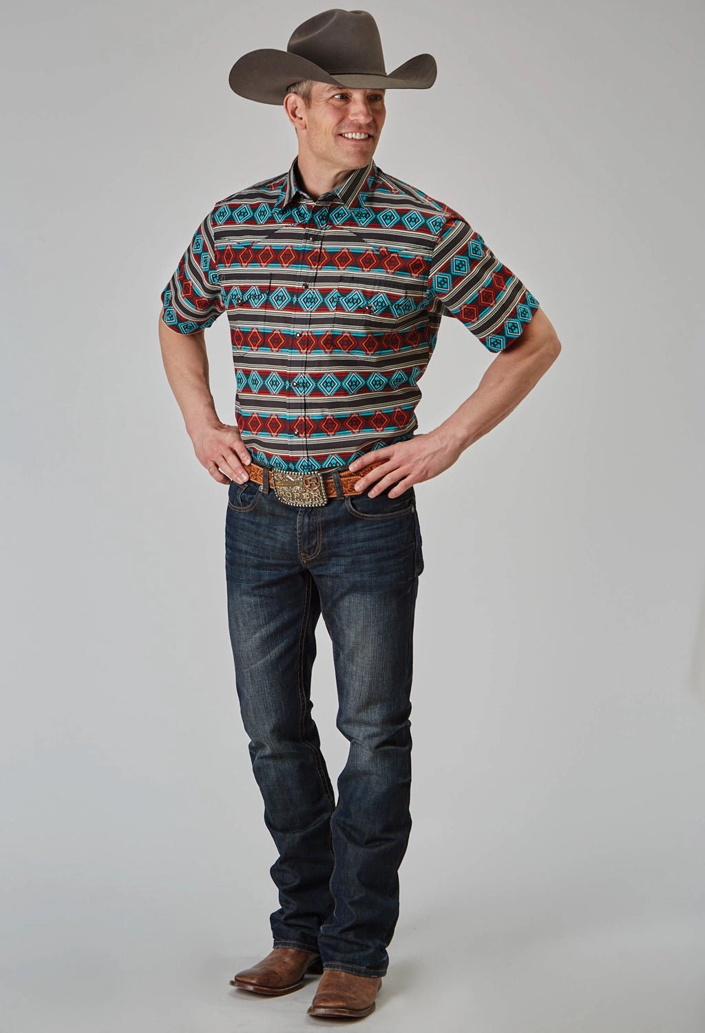 Roper Mens 1898 Aztec Stripe Red 100% Cotton S/S Shirt Anti Static Finish Mature appeal