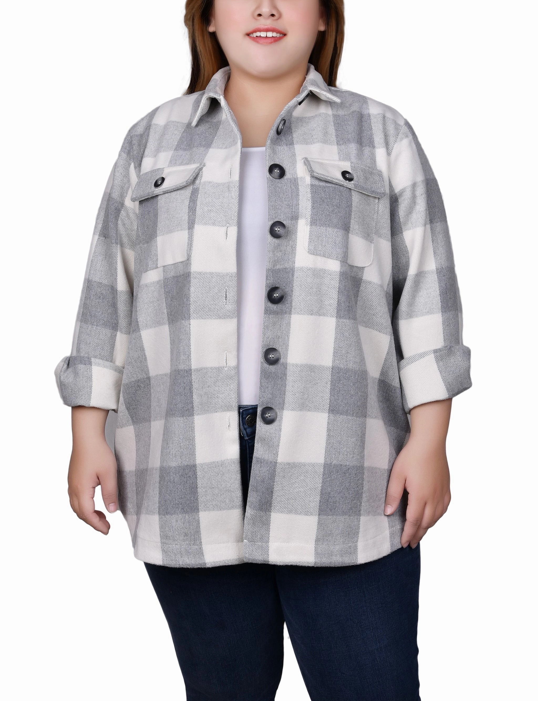 Plus Size Long Sleeve Calf-Length Twill Shirtjacket Bonded Seam Innovation TemperatureRegulating Fabric