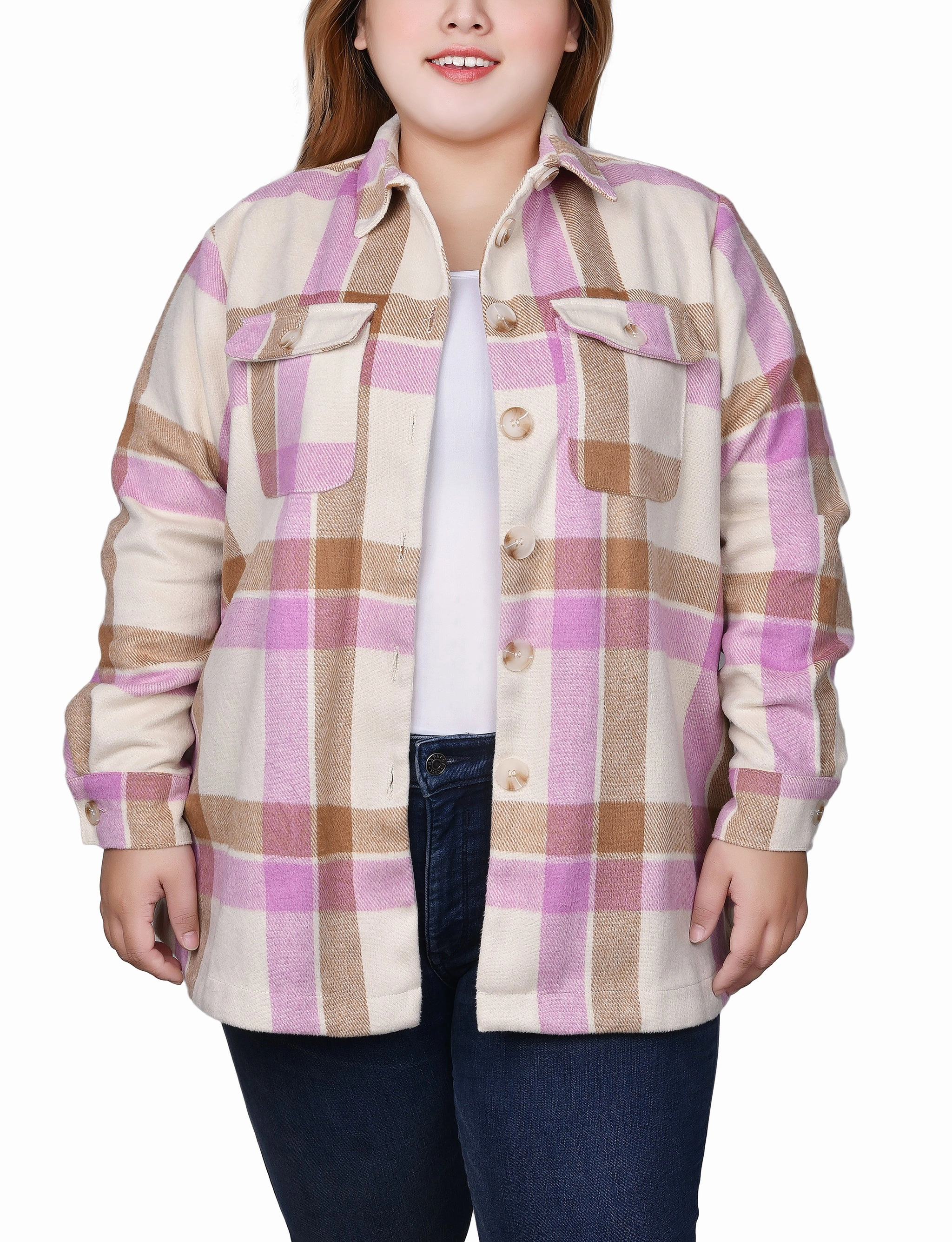 HighNeckCut Plus Size Long Sleeve Calf-Length Twill Shirtjacket