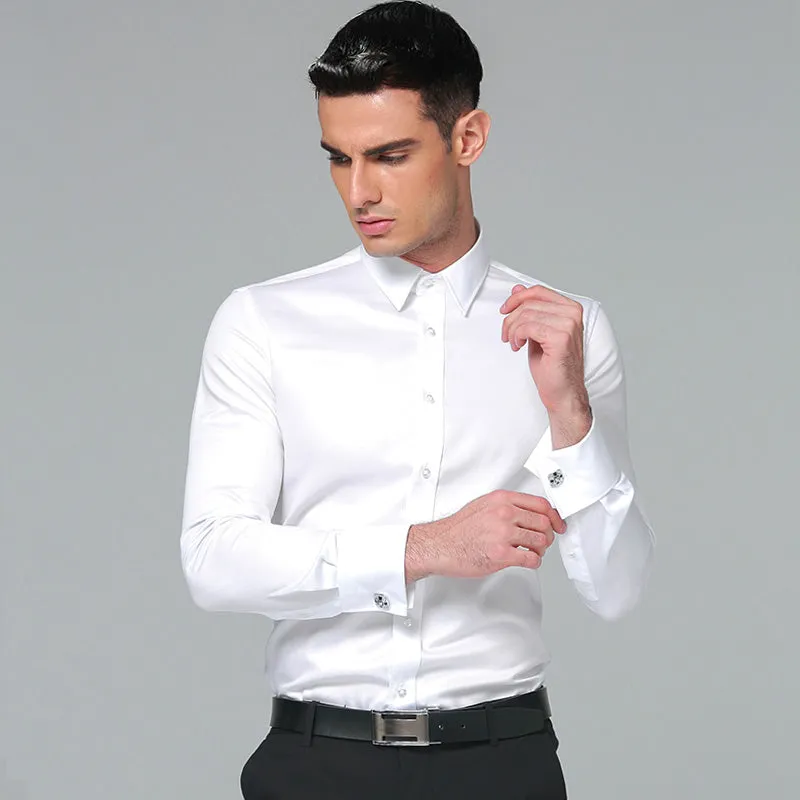 Regular Fit Cufflink Long Sleeve Men Business Suits Shirts Solid Color