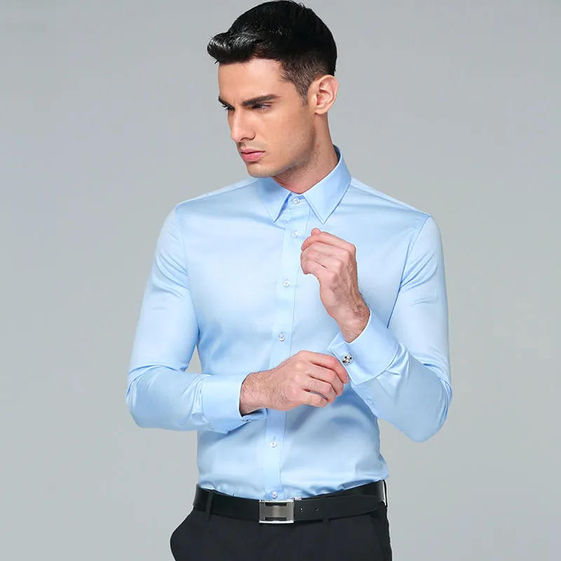 Regular Fit Cufflink Long Sleeve Men Business Suits Shirts Solid Color
