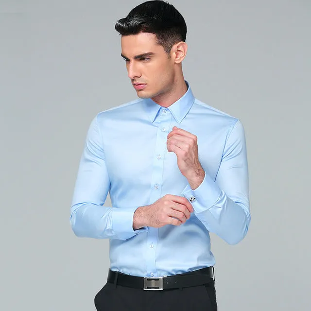 Regular Fit Cufflink Long Sleeve Men Business Suits Shirts Solid Color