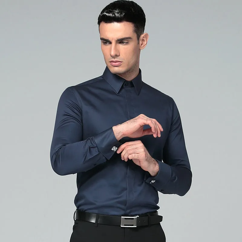 Regular Fit Cufflink Long Sleeve Men Business Suits Shirts Solid Color