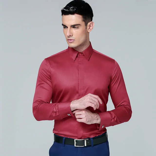 Regular Fit Cufflink Long Sleeve Men Business Suits Shirts Solid Color