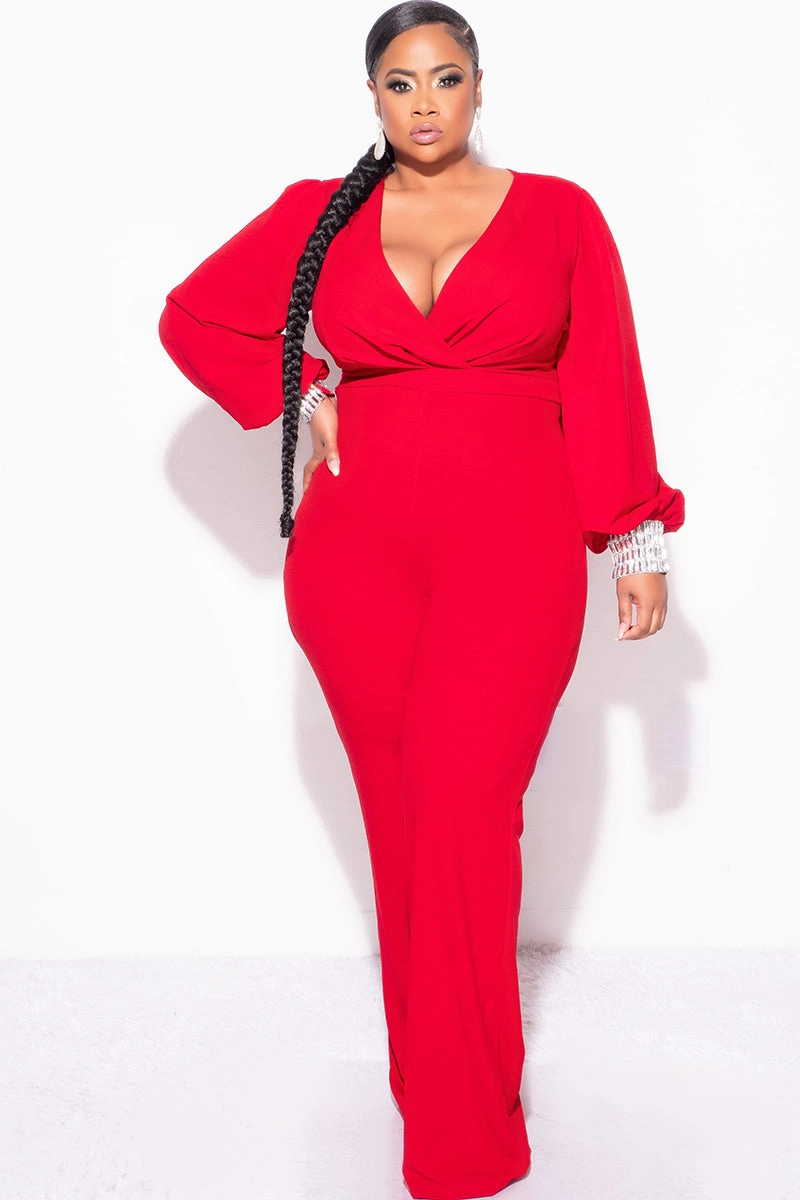Final Sale Plus Size Faux Wrap Collar Jumpsuit with Sheer Sleeves and Rhinestone Cuffs in Red Flexible Layer Fit All terrain