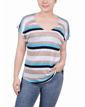 Flexible Ribbing Petite Short Sleeve Striped V Neck Top