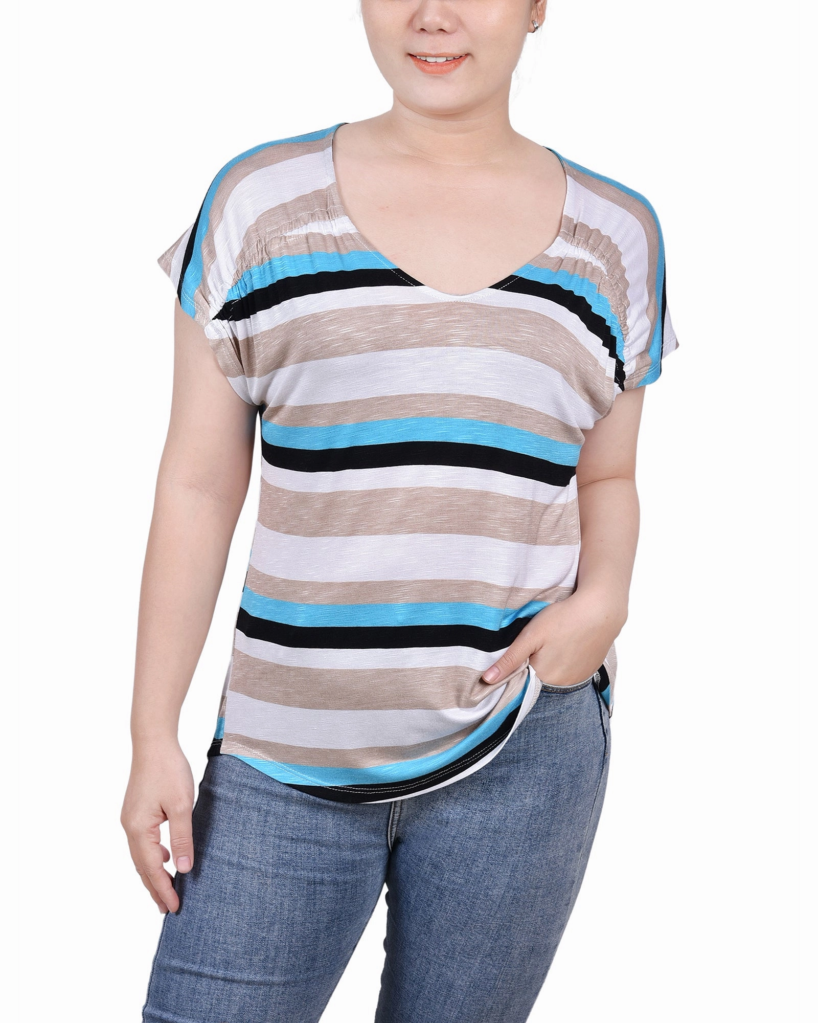 CollapsibleFrame Non Irritating Seams Petite Short Sleeve Striped V Neck Top