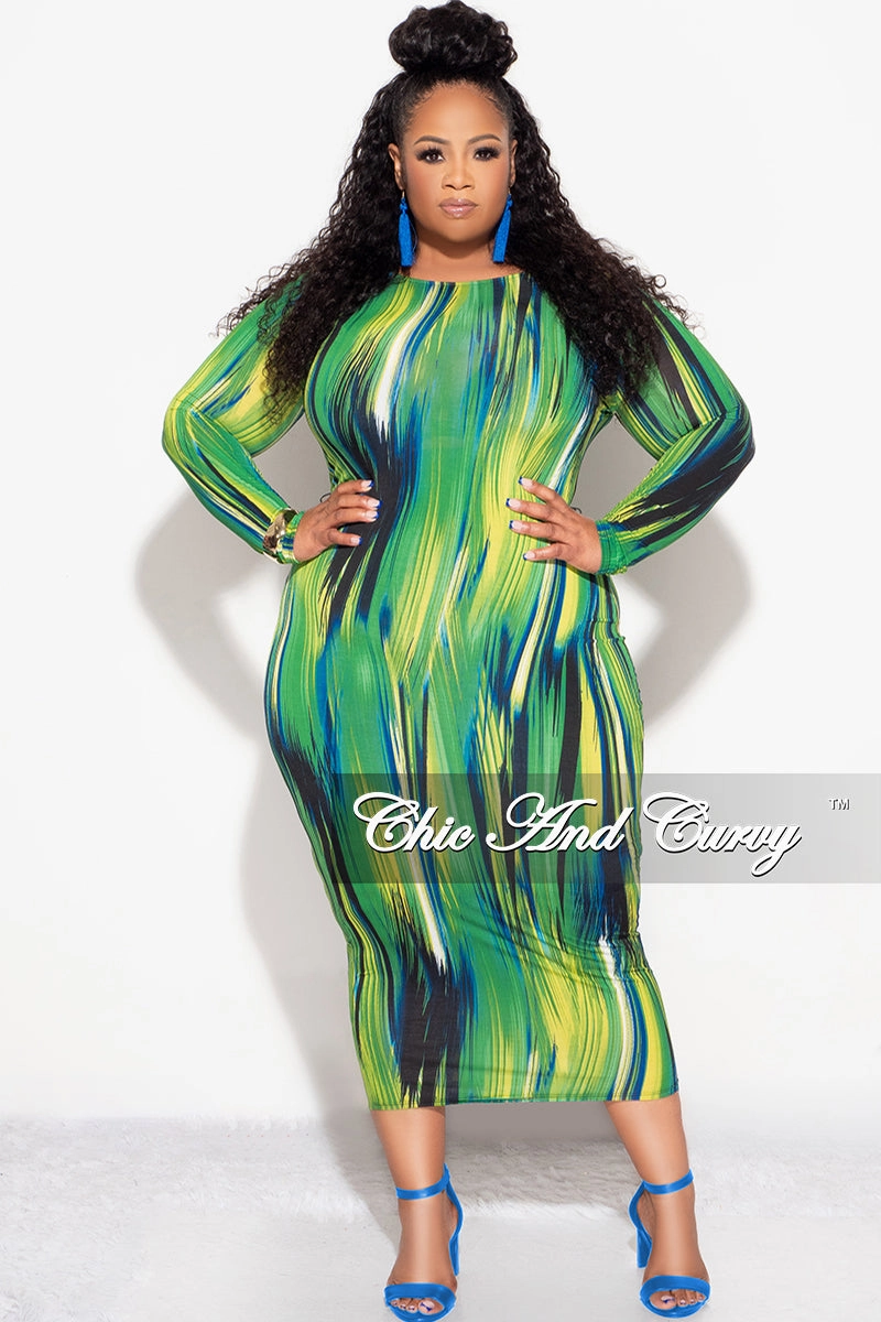 WaterRepellentCoating Light Fit Wear Final Sale Plus Size BodyCon Dress in Green Design Print