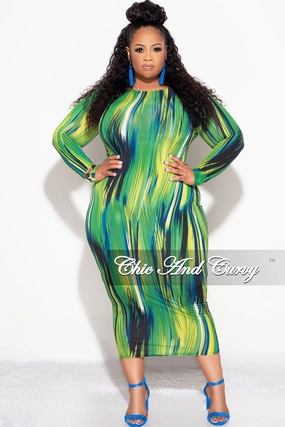 WaterRepellentCoating Light Fit Wear Final Sale Plus Size BodyCon Dress in Green Design Print