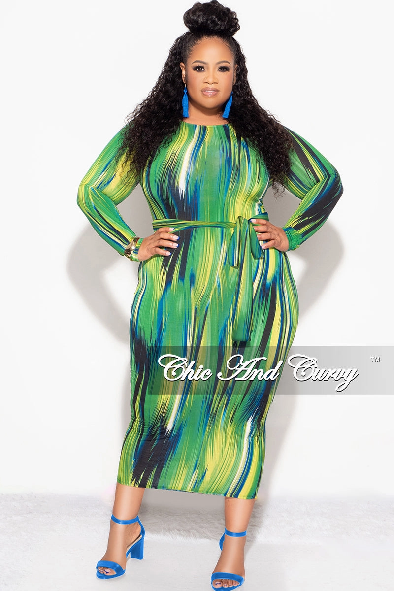 Final Sale Plus Size BodyCon Dress in Green Design Print Street Comfort Smart Style