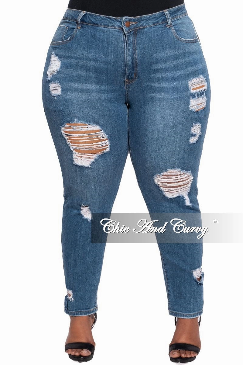 Final Sale Plus Size Distressed Jeans in Medium Denim Chilly Day Wear
