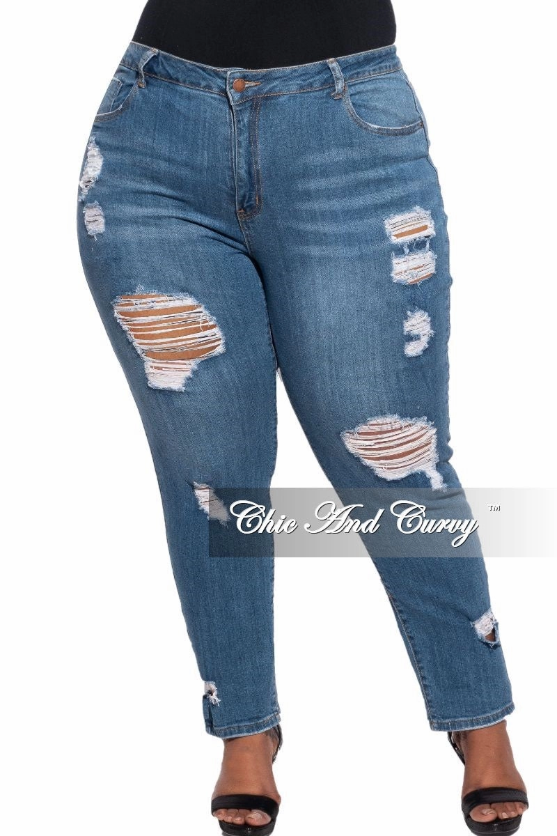 Final Sale Plus Size Distressed Jeans in Medium Denim Fitted Style Breathable Layer