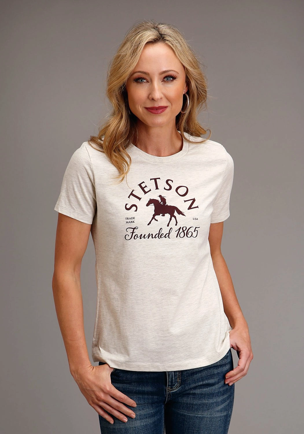 Wardrobe Essential Mountain Retreat Stetson Womens Heather Cream Cotton Blend Horse Rider S/S T-Shirt