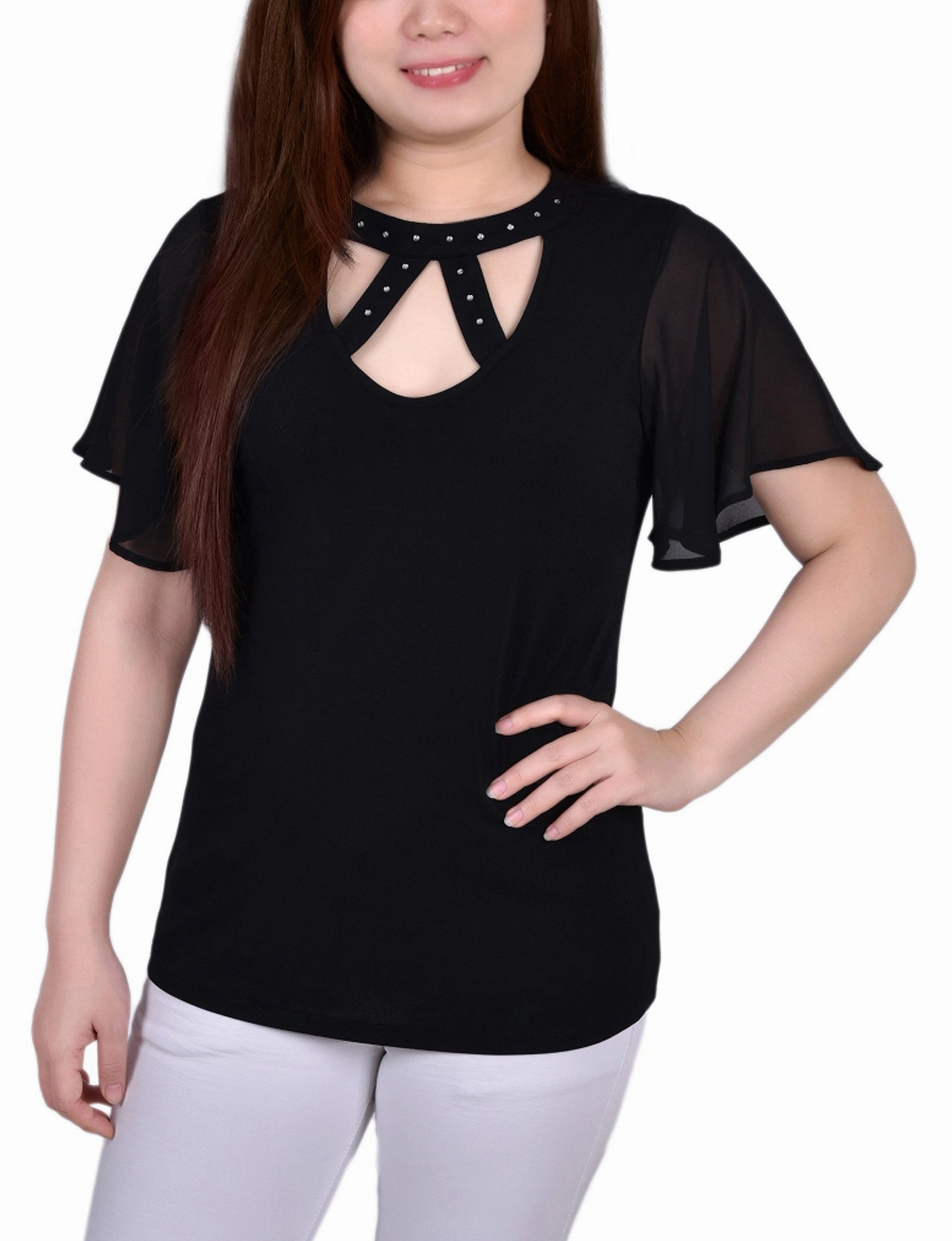 Thermoregulating Fabric BreathableBackVents Short Flutter Sleeve Top With Rhinestone Studs