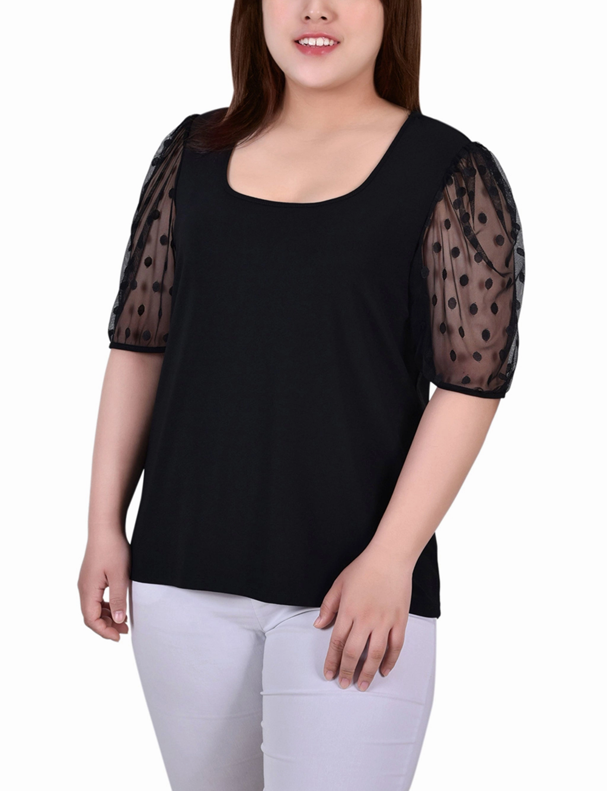 TemperatureRegulating Material AllClimateAdaptive Plus Size Elbow Sleeve Crepe Top With Mesh Dotted Sleeves