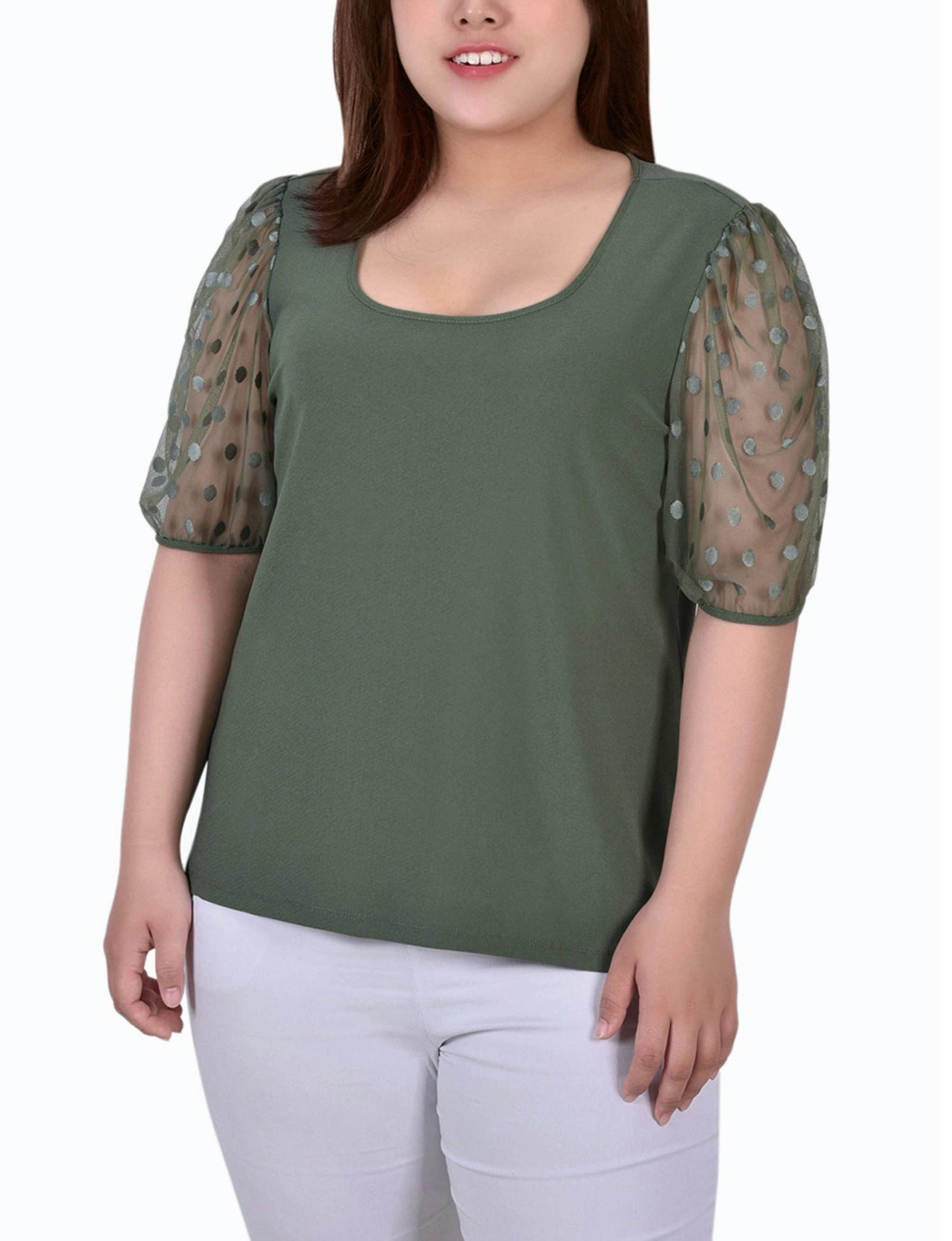 HypoallergenicMaterial Hidden Ventilation Zones Plus Size Elbow Sleeve Crepe Top With Mesh Dotted Sleeves