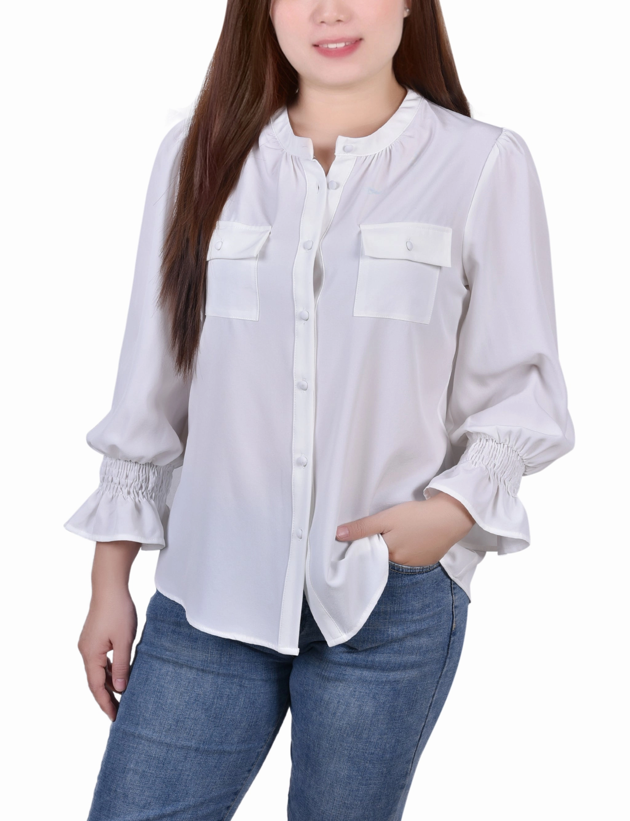 Long Sleeve Y Neck Blouse MultiPocket Design Friction Reducing Finish