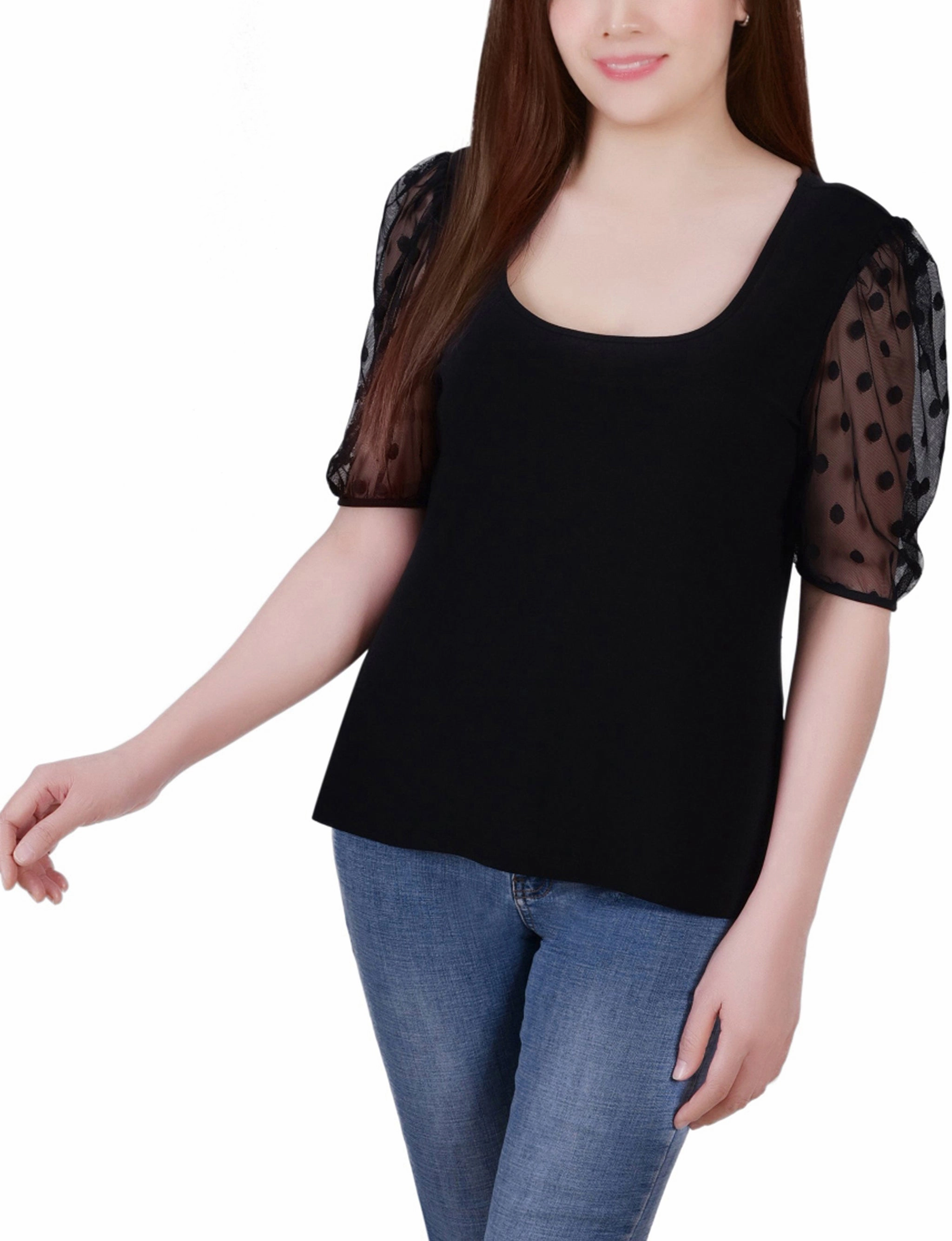 Elbow Sleeve Crepe Top With Mesh Dotted Sleeves EcoCertified