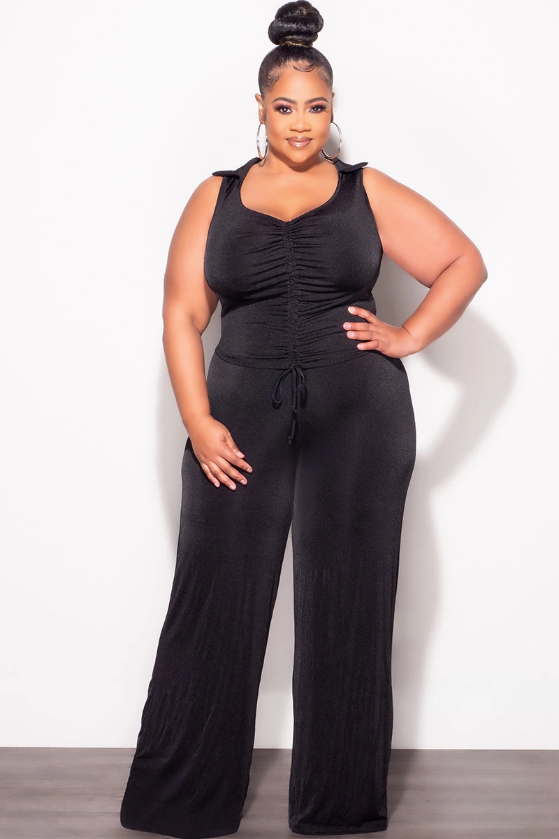 Final Sale Plus Size 2pc Set Crop Top and Pants in Black Anti Pilling Textile