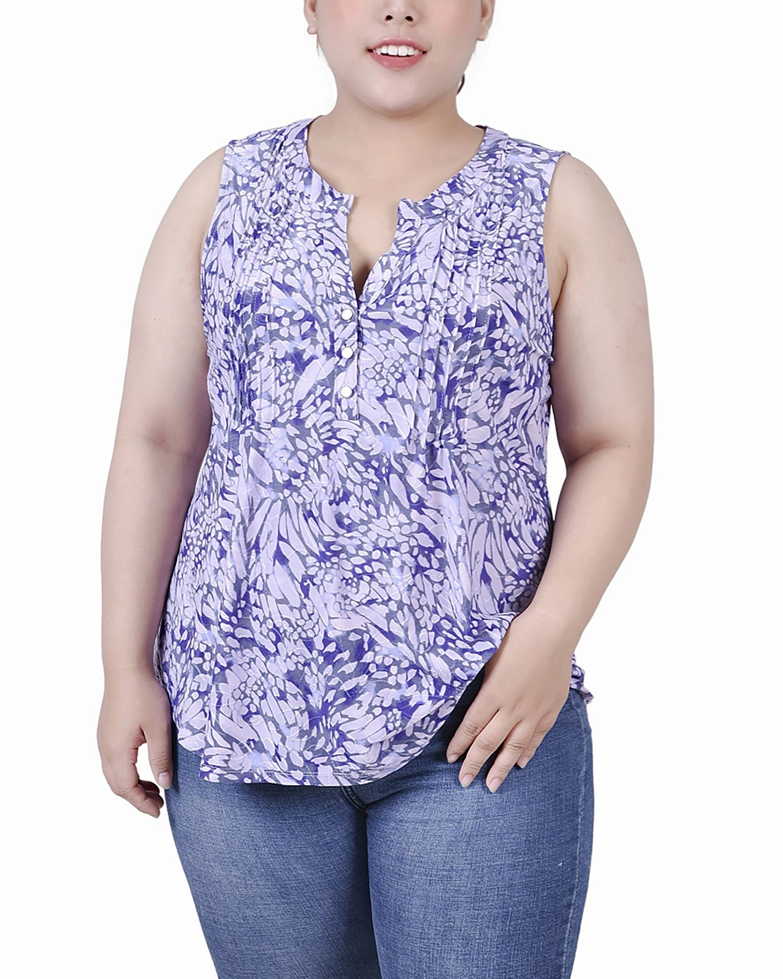 Flatlock Seam Design Plus Size Sleeveless Jacquard Y Neck Top