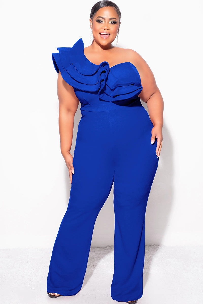 Lightweight Design Final Sale Plus Size One Shoulder Ruffle Trim Jumpsuit in Royal Blue