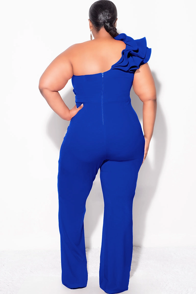 Final Sale Plus Size One Shoulder Ruffle Trim Jumpsuit in Royal Blue ReflectiveTrim