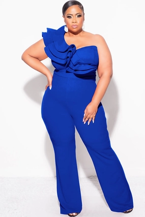 All Day Comfort Fit Zero Waste Manufacturing Final Sale Plus Size One Shoulder Ruffle Trim Jumpsuit in Royal Blue