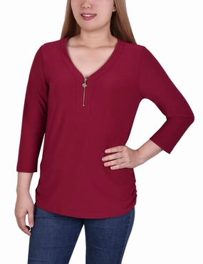 Plus Size Long Sleeve Crepe Knit V Neck Top With Zipper Adjustable Shoulder Straps
