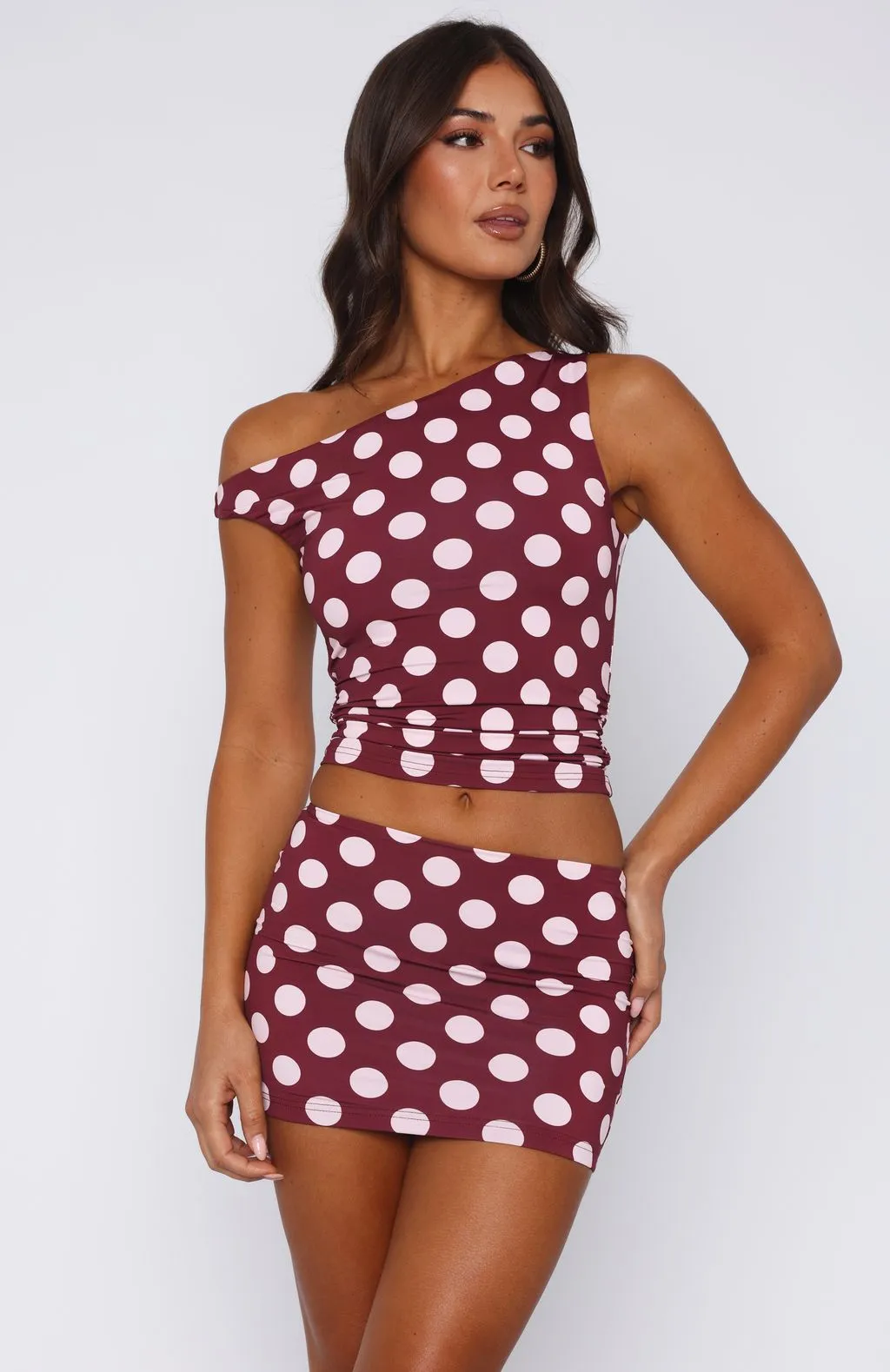 Stay With You Top Burgundy Polka Dot Flatlock Seam