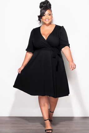 Timeless Style Final Sale Plus Size Faux Wrap Skater Dress in Black