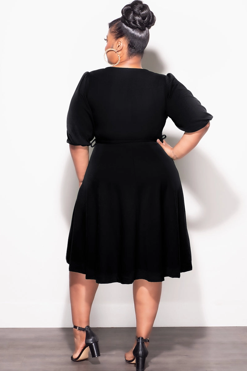FlexibleKneePanels Final Sale Plus Size Faux Wrap Skater Dress in Black