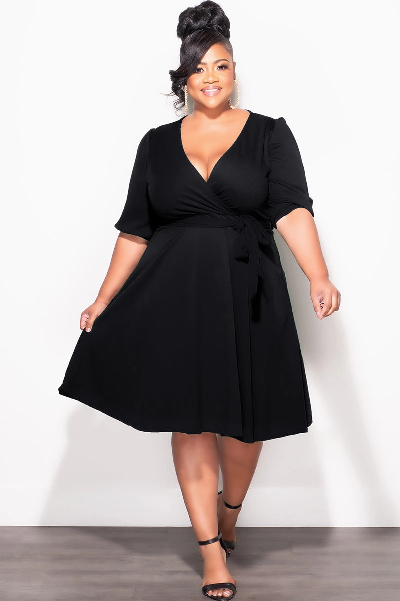 Timeless Style Final Sale Plus Size Faux Wrap Skater Dress in Black