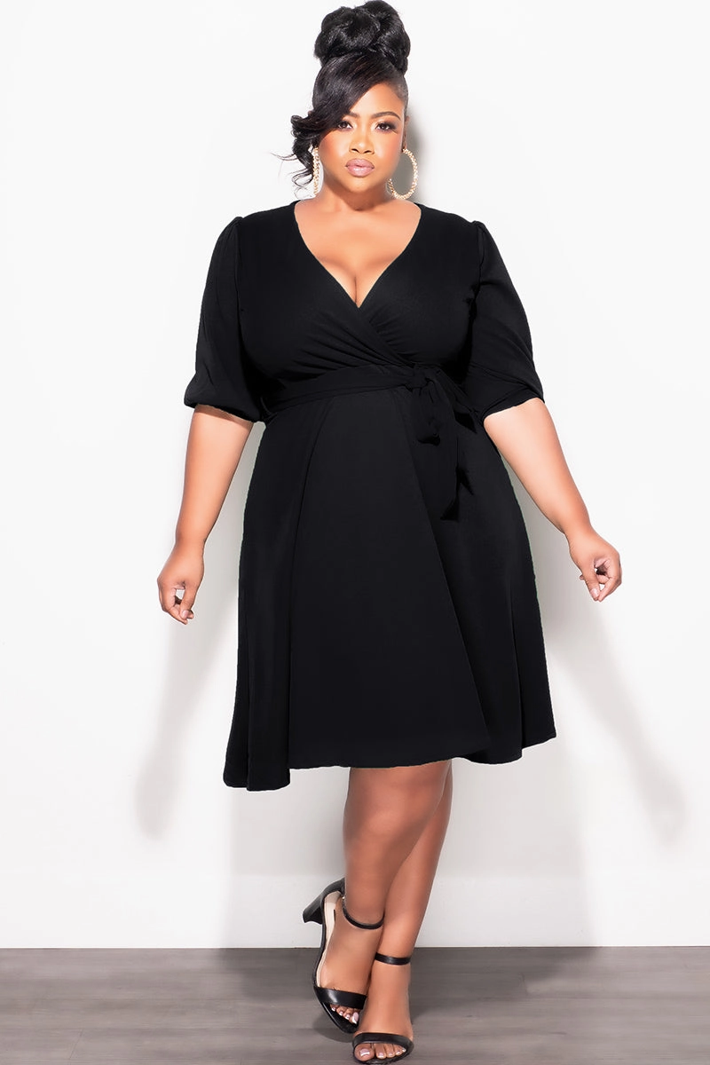 Chill Comfort Wear Final Sale Plus Size Faux Wrap Skater Dress in Black